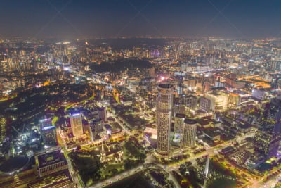 Aerial view Panoramic of the Singapore Skyline and Marina Bay, the marina is the centre of the economy in singapore, there are here all the building in singapore central
