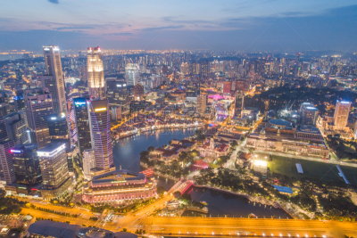 Aerial view Panoramic of the Singapore Skyline and Marina Bay, the marina is the centre of the economy in singapore, there are here all the building in singapore central