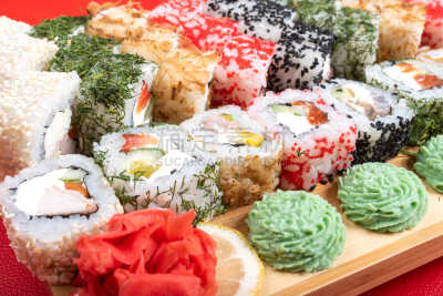 巨大的,特写,塞满了的,与众不同,菜单,日本食品,米,三文鱼,生鱼片寿司,鱼类