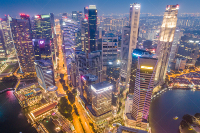 Aerial view Panoramic of the Singapore Skyline and Marina Bay, the marina is the centre of the economy in singapore, there are here all the building in singapore central