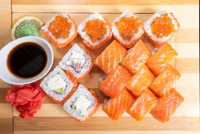 三文鱼,寿司,绿芥末酱,鱼子酱,生姜,费城,菜单,日本食品,米,生鱼片寿司
