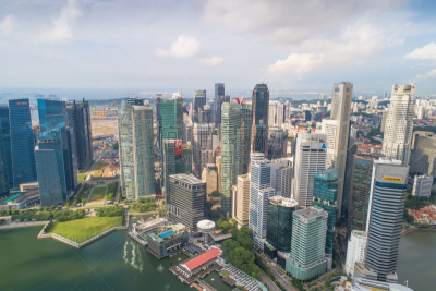 Aerial view Panoramic of the Singapore Skyline and Marina Bay, the marina is the centre of the economy in singapore, there are here all the building in singapore central