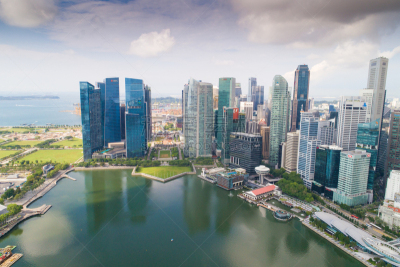 Aerial view Panoramic of the Singapore Skyline and Marina Bay, the marina is the centre of the economy in singapore, there are here all the building in singapore central