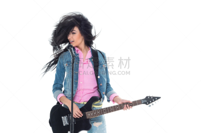 女性,自然美,粗斜纹棉布,衣服,背景分离,拉美人和西班牙裔人,吉他,影棚拍摄,仅女人,仅一个女人