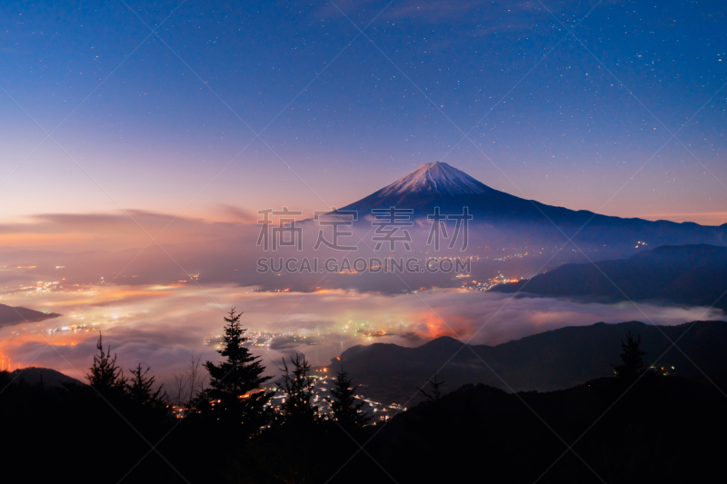 富士山,富士河口湖,日本,山梨县,雾,地形,航拍视角,山,黎明,照明设备