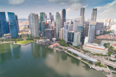 Aerial view Panoramic of the Singapore Skyline and Marina Bay, the marina is the centre of the economy in singapore, there are here all the building in singapore central