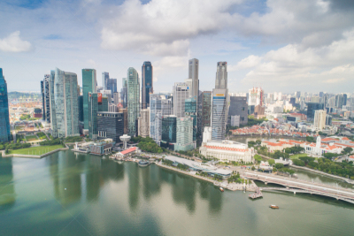 Aerial view Panoramic of the Singapore Skyline and Marina Bay, the marina is the centre of the economy in singapore, there are here all the building in singapore central