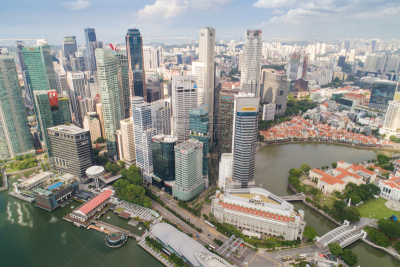 Aerial view Panoramic of the Singapore Skyline and Marina Bay, the marina is the centre of the economy in singapore, there are here all the building in singapore central