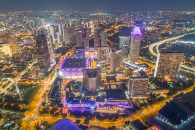 Aerial view Panoramic of the Singapore Skyline and Marina Bay, the marina is the centre of the economy in singapore, there are here all the building in singapore central