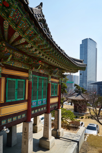 Traditional architecture inside Bongeunsa temple, South Korea.
