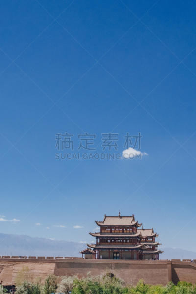 天空,蓝色,建筑外部,围墙,在下面,嘉峪关市,山口,门楼,垂直画幅,纪念碑