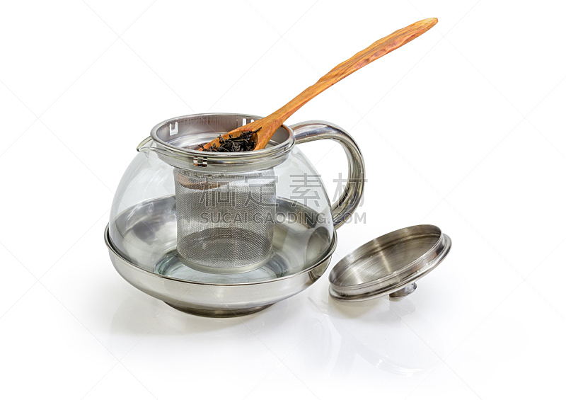 干燥食品,茶壶,空杯子,茶叶,木匙,饮料,茶,不锈钢,空的,自然界的状态