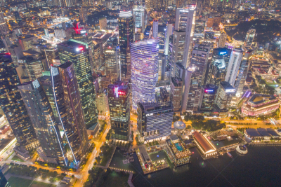 Aerial view Panoramic of the Singapore Skyline and Marina Bay, the marina is the centre of the economy in singapore, there are here all the building in singapore central