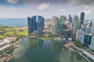 Aerial view Panoramic of the Singapore Skyline and Marina Bay, the marina is the centre of the economy in singapore, there are here all the building in singapore central