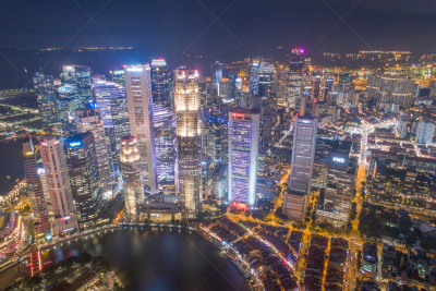Aerial view Panoramic of the Singapore Skyline and Marina Bay, the marina is the centre of the economy in singapore, there are here all the building in singapore central