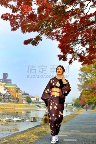 和服,女人,京都府,日本人,鸭川,秋天,中老年女人,仅日本人,仅一个中老年女人,一个人
