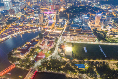 Aerial view Panoramic of the Singapore Skyline and Marina Bay, the marina is the centre of the economy in singapore, there are here all the building in singapore central