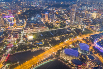 Aerial view Panoramic of the Singapore Skyline and Marina Bay, the marina is the centre of the economy in singapore, there are here all the building in singapore central