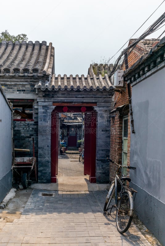 传统,狭窄的,北京,巷,中国,都市风景,三个物体,砖,建筑物门,远距离