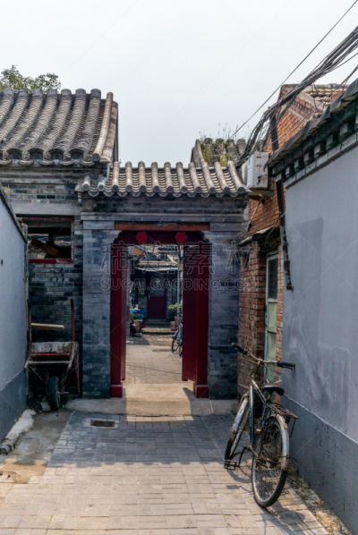 传统,狭窄的,北京,巷,中国,都市风景,三个物体,砖,建筑物门,远距离