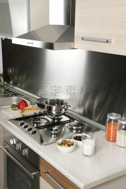 现代,特写,厨房,不锈钢,状态良好,炊具,钢铁,烤炉,住宅内部,木制
