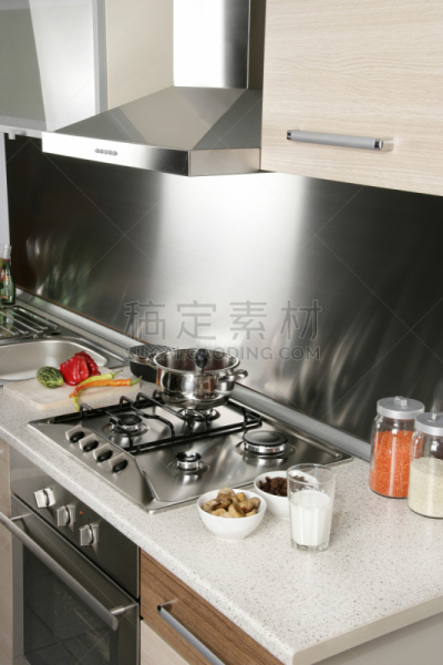 现代,特写,厨房,不锈钢,状态良好,炊具,钢铁,烤炉,住宅内部,木制