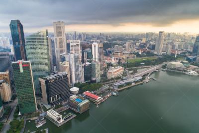 Aerial view Panoramic of the Singapore Skyline and Marina Bay, the marina is the centre of the economy in singapore, there are here all the building in singapore central