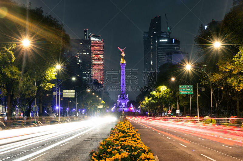 夜晚,城市天际线,墨西哥城,对称,白昼,留白,水平画幅,高视角,无人,交通