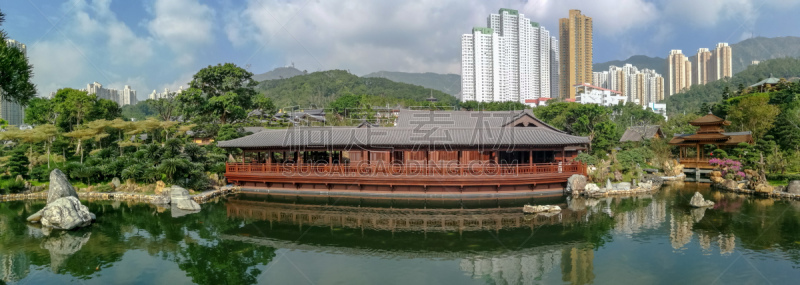 A panorama of the Blue Pond and Tea House, Nan Lian Garden, Hong Kong