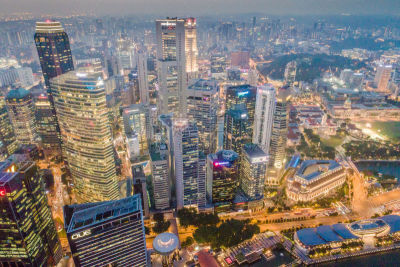 Aerial view Panoramic of the Singapore Skyline and Marina Bay, the marina is the centre of the economy in singapore, there are here all the building in singapore central