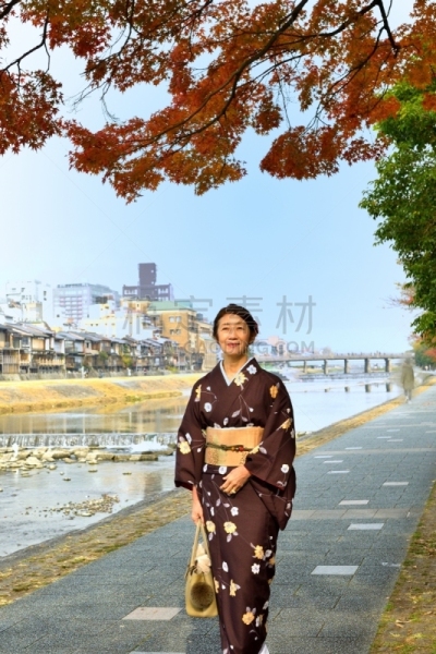 和服,女人,京都府,日本人,鸭川,秋天,中老年女人,仅日本人,仅一个中老年女人,一个人