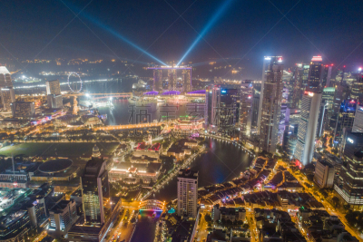 Aerial view Panoramic of the Singapore Skyline and Marina Bay, the marina is the centre of the economy in singapore, there are here all the building in singapore central