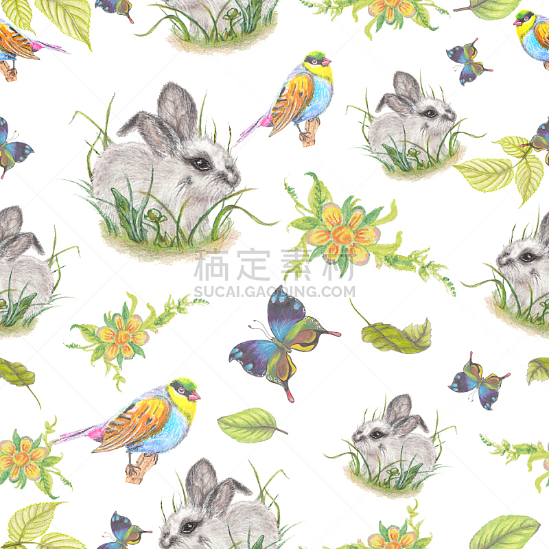 动物主题,式样,小兔子,art deco风格,纹理效果,纺织品,绘画插图,夏天,仅一朵花