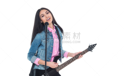 女性,自然美,粗斜纹棉布,衣服,背景分离,拉美人和西班牙裔人,吉他,影棚拍摄,仅女人,仅一个女人