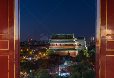 北京,门,鼓楼,开着的,视力,曙暮光,世界遗产,黄昏,复古风格,户外