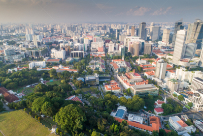 Aerial view Panoramic of the Singapore Skyline and Marina Bay, the marina is the centre of the economy in singapore, there are here all the building in singapore central