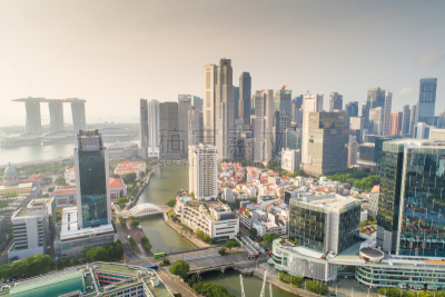 Aerial view Panoramic of the Singapore Skyline and Marina Bay, the marina is the centre of the economy in singapore, there are here all the building in singapore central