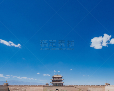天空,蓝色,建筑外部,围墙,门楼,嘉峪关市,在下面,山口,纪念碑,水平画幅