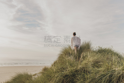 夏天,康沃尔,格温森,沙丘,海滩,日光,女人,在上面,享乐,站