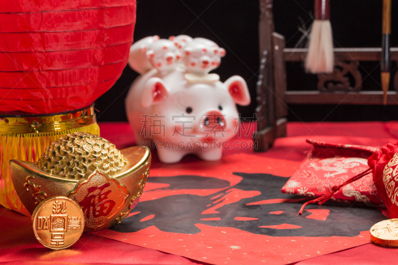 黄金,小猪扑满,对联,猪年,红色,春节,运气,红包,图像,传统节日