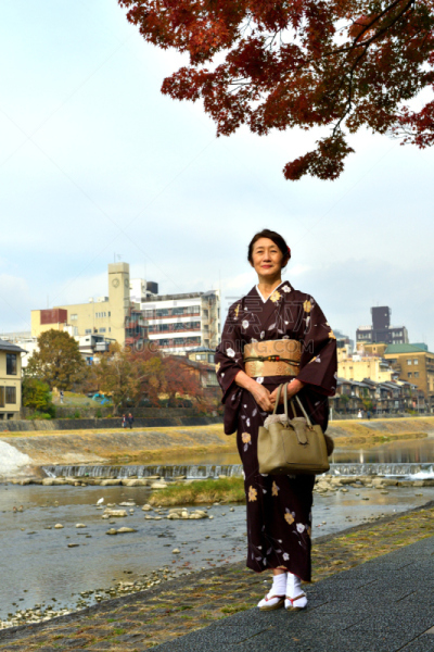 和服,女人,京都府,日本人,鸭川,秋天,中老年女人,仅日本人,仅一个中老年女人,一个人
