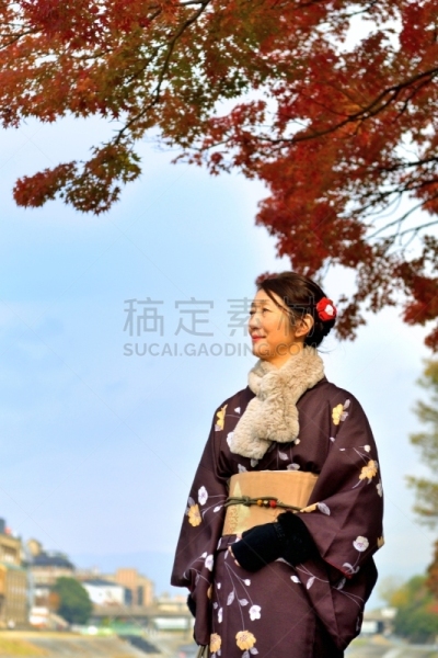 和服,女人,京都府,日本人,鸭川,秋天,中老年女人,仅日本人,仅一个中老年女人,一个人