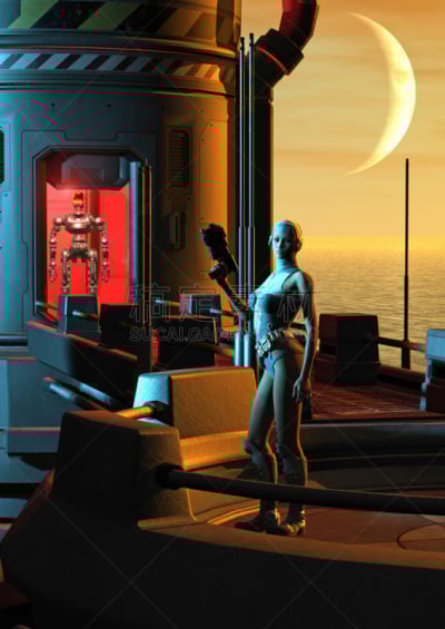 Woman soldier on a landing pad, a robot is arriving from the space base, 3d illustration