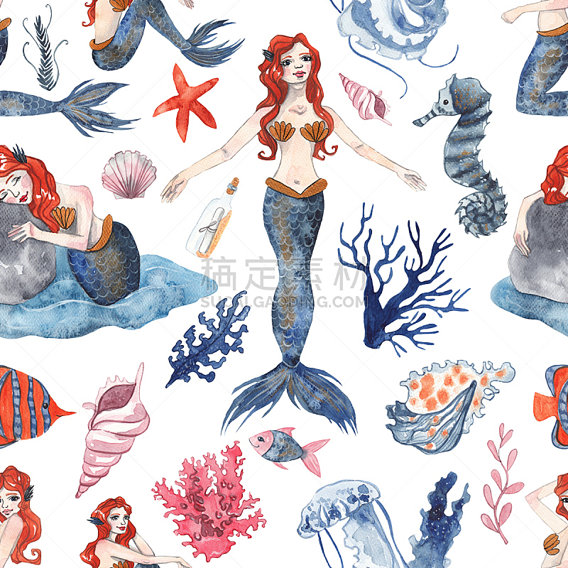 海星,四方连续纹样,贝壳,美人鱼,水彩画,旅途,水彩画颜料,野生动物,橙色,古董