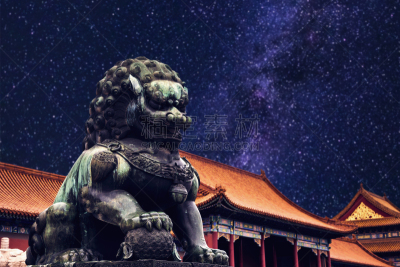 北京,故宫,狮子,雕像,夜晚,白昼,星形,蓝色,青铜,远古的