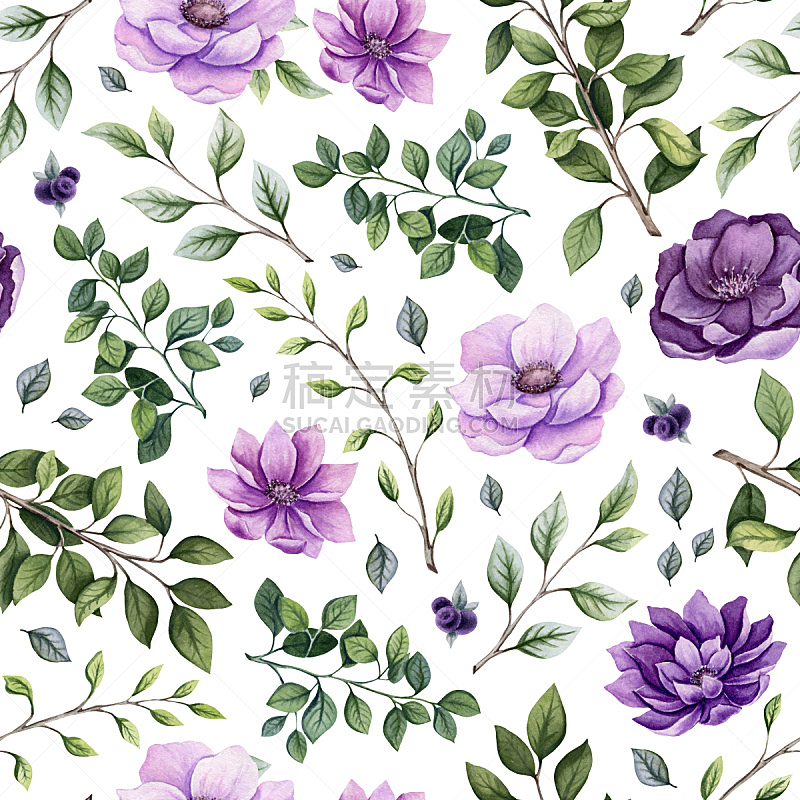 四方连续纹样,紫色,水彩画,深的,水彩画颜料,纺织品,英国,枝繁叶茂,春天,植物