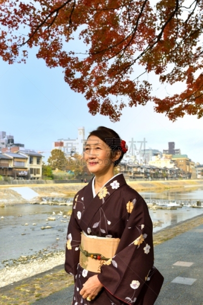 和服,女人,京都府,日本人,鸭川,秋天,中老年女人,仅日本人,仅一个中老年女人,一个人