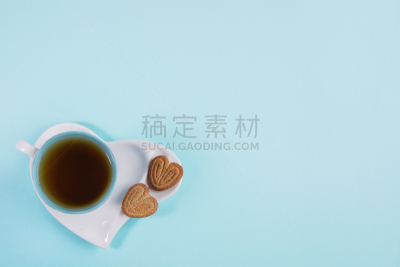 茶碟,茶杯,甜食,情人节,概念,蓝色,心型,饼干,蓝色背景,点燃