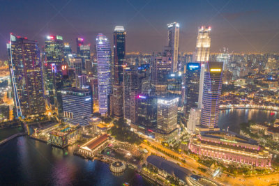 Aerial view Panoramic of the Singapore Skyline and Marina Bay, the marina is the centre of the economy in singapore, there are here all the building in singapore central