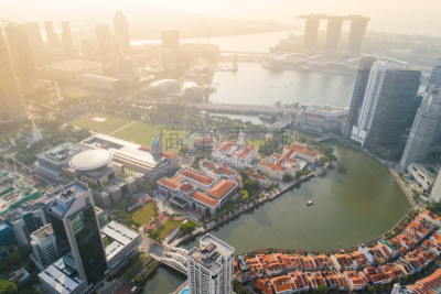 Aerial view Panoramic of the Singapore Skyline and Marina Bay, the marina is the centre of the economy in singapore, there are here all the building in singapore central